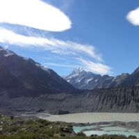 New Zealand glacial landscape, Mt. Cook in distance.